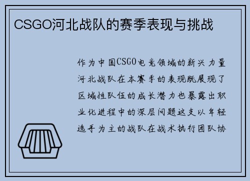 CSGO河北战队的赛季表现与挑战