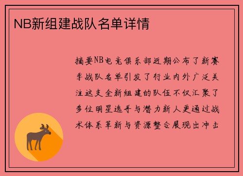 NB新组建战队名单详情