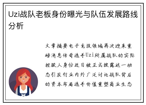 Uzi战队老板身份曝光与队伍发展路线分析